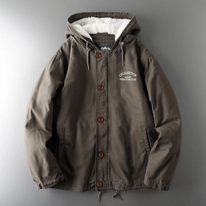 Men's American Work Style Sherpa Lined Hooded Jacket Embroidered Padded Wool Cotton Coat Heavyweight Winter Warm Top
