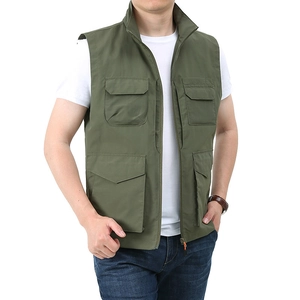 Army green multi-pocket outdoor vest with stand collar for casual utility wear