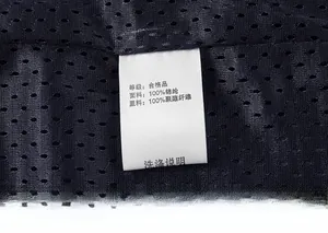 Close-up of the clothing label showing material details on the blue mesh cargo vest