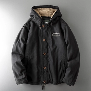 Men's hooded work jacket with warm sherpa lining and button closure in charcoal grey
