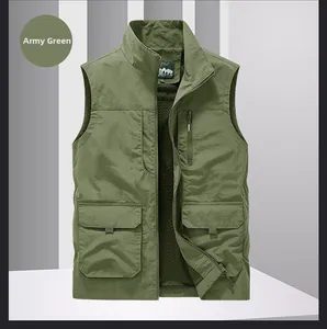 Detail view of military green utility vest showing stand collar and mesh lining texture