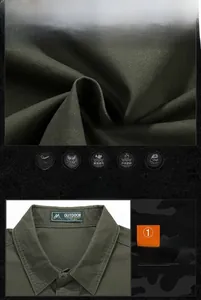 Detail of army green cargo shirt showing high-density cotton fabric and durable neck label