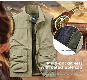 Detail of khaki multi-pocket outdoor vest with stand collar and durable zipper closure