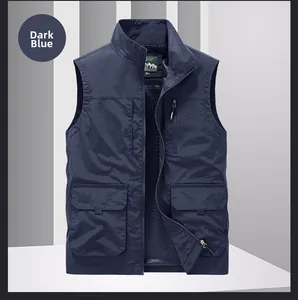 Detail view of deep blue multi-pocket cargo vest with durable metal zipper and stand collar