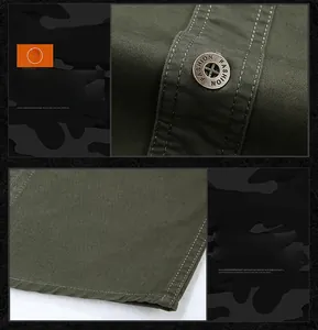 Detail of olive green work shirt with metal fashion buttons and precise hem stitching