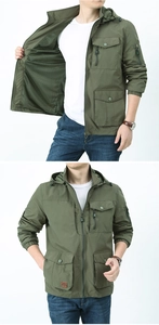 Detail of army green hooded jacket showing breathable mesh lining and functional multi-pockets