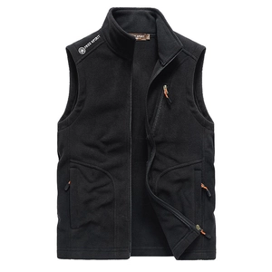 Men's black outdoor fleece vest with full zipper and orange contrast pullers