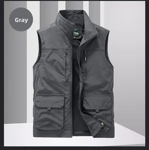 Detailed view of grey multi-pocket outdoor vest featuring zip closure and mesh lining