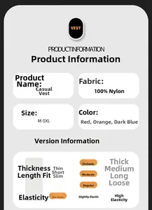 Detailed size chart and specifications for multi-pocket outdoor nylon fishing vest