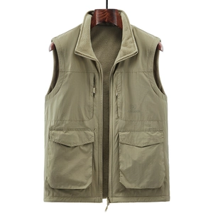 Men's outdoor olive green fleece-lined vest with standing collar and multi-pocket utility