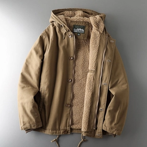Men's brown canvas hooded jacket with warm sherpa lining and durable workwear design