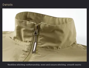 Detail showing high-quality zipper and stand collar stitching on a khaki outdoor vest
