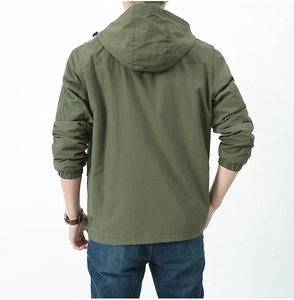 Rear view of olive green hooded windbreaker jacket with drawstring hood and elastic cuffs