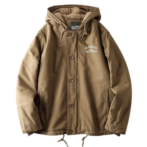 Men's khaki workwear jacket with lamb wool lining and embroidery details