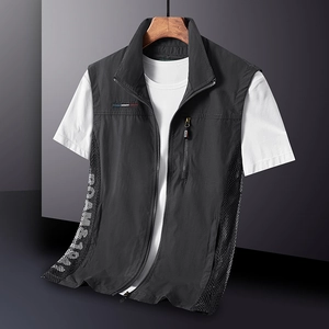 Gilet de pêche extérieur noir respirant pour homme avec col montant et fermeture éclair