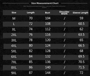 Size chart for men's casual long sleeve shirt showing measurements from size M to 9XL