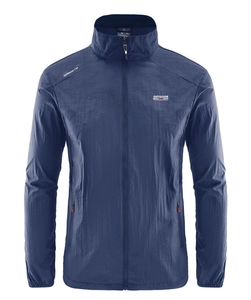 Dunkelblaue Herren-Sonnenschutzjacke mit Stehkragen und Outdoor-Print
