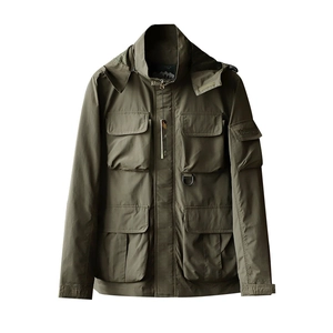 Men's olive green outdoor functional jacket with multiple tactical pockets and windproof fabric