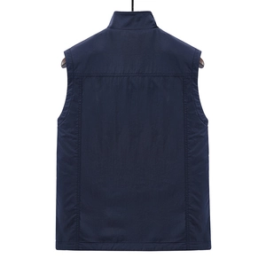 Back view of men's thermal fleece vest in navy blue with windproof stand collar