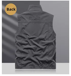 Rear view of outdoor quick-dry fishing vest in dark gray with durable fabric texture