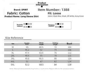 Tableau des tailles détaillé pour chemise homme en coton, tailles M à 5XL