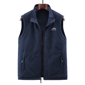 Men's navy blue fleece vest with stand collar and outdoor embroidery on white background