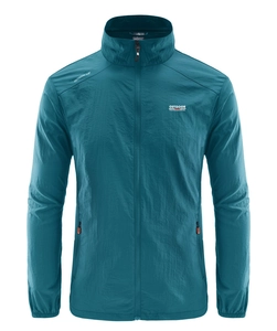 Blaugrüne leichte Herren-Outdoorjacke mit Stehkragen und orangefarbenen Zippern