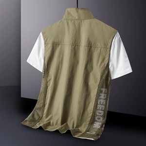 Men's lightweight outdoor fishing vest in khaki with breathable mesh and FREEDOM print