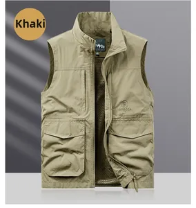 Detail view of khaki outdoor vest with functional multi-pockets and breathable mesh lining