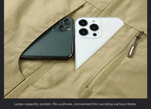 Detail of khaki outdoor vest with large zip pockets showing a smartphone for scale