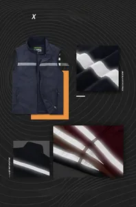 Close-up of safety reflective stripes and breathable mesh on navy outdoor vest