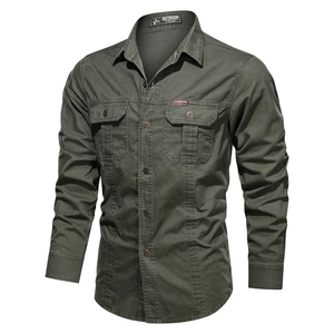 Chemise de travail en coton vert armée pour hommes avec poches poitrine et boutons en métal
