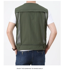 Detail of olive green tactical vest showing breathable mesh back and hidden zipper pocket