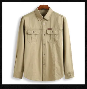 Close-up of khaki cotton long sleeve cargo shirt with dual flap chest pockets