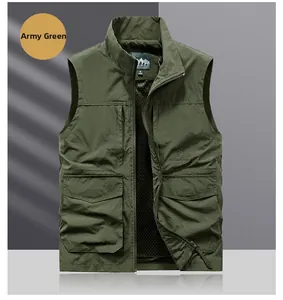 Detail view of army green outdoor fishing vest with multi-pocket utility design