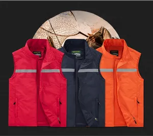 Three outdoor utility vests in red, blue and orange with reflective strips and mesh lining