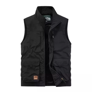 Men's black outdoor utility vest with multi-pockets and warm fleece lining