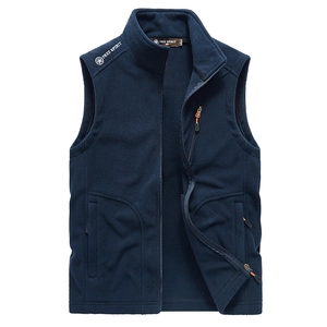 Men's navy blue fleece outdoor vest with full zipper and orange detail pockets