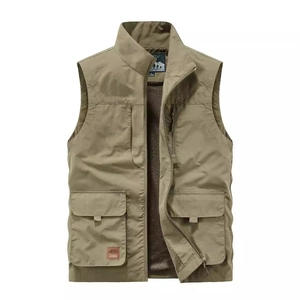 Outdoor multi-pocket cargo vest in olive green with zipper and stand collar