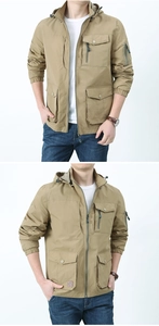 Detail view of khaki hooded tactical jacket with multi-pocket design and windproof fabric