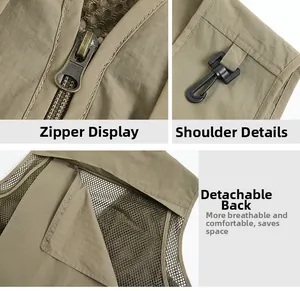 Detail of khaki tactical vest with metal zipper, shoulder hook and mesh back