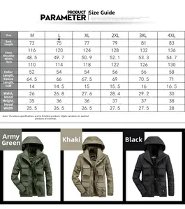 Detailed size chart for men's hooded jacket with measurements from M to 4XL sizes
