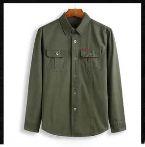 Detail of army green military style men's shirt with double chest pockets and outdoor label