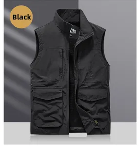 Detail of black outdoor vest showing breathable mesh lining and functional pockets