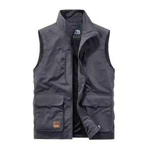 Men's dark grey outdoor utility vest with multi-pockets and warm fleece lining