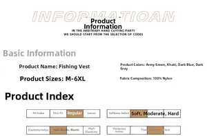 Size chart and fabric details for nylon outdoor fishing vest in multiple colors
