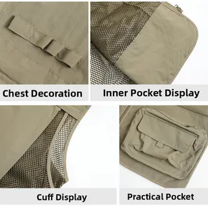 Detail view of multi-pocket khaki tactical vest featuring breathable mesh lining and webbing loops