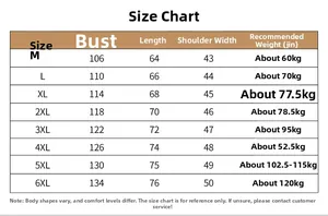 Size chart for outdoor fishing vest showing measurements from M to 6XL with weight guides