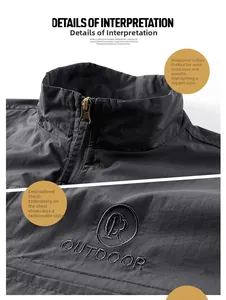 Detail of outdoor fishing vest showing windproof stand collar and chest embroidery