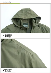 Detail view of military green outdoor jacket with adjustable hood and breathable mesh lining